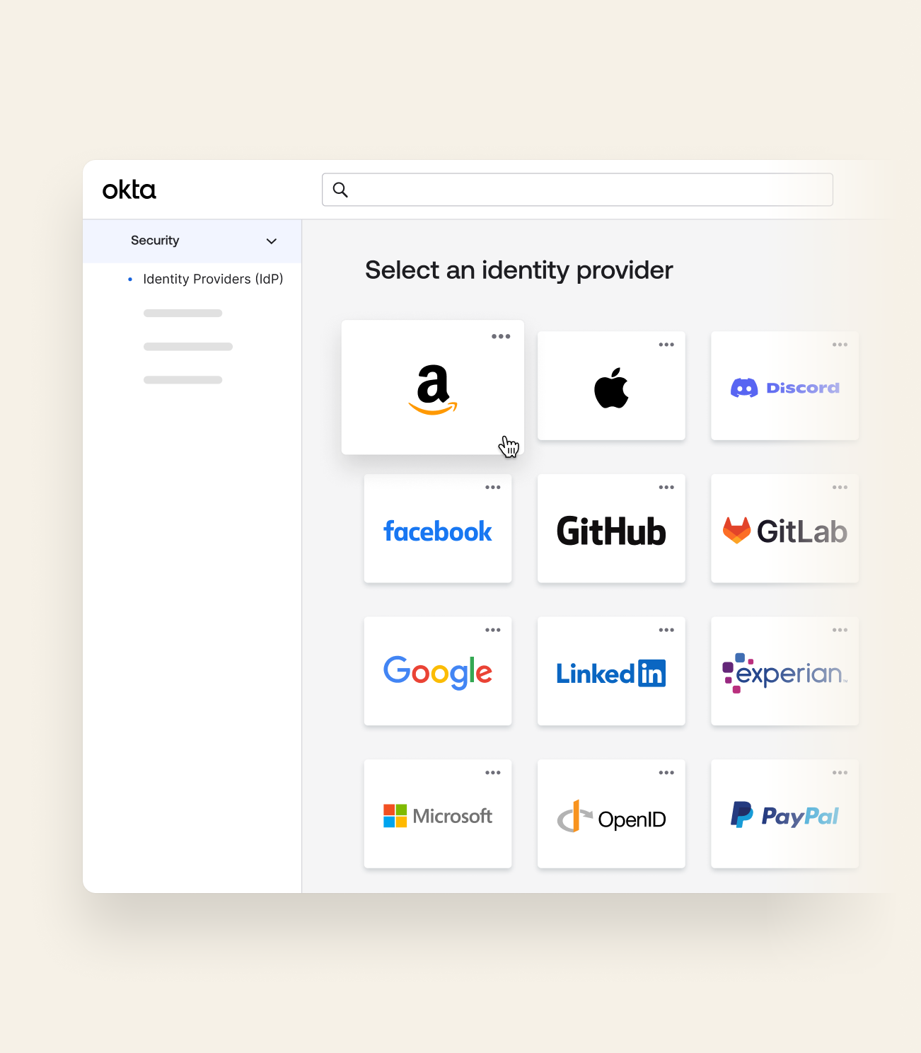 Okta Customer Identity-Dashboard mit einer Auswahl von Social-Media-Anbietern wie Amazon, Google und Apple