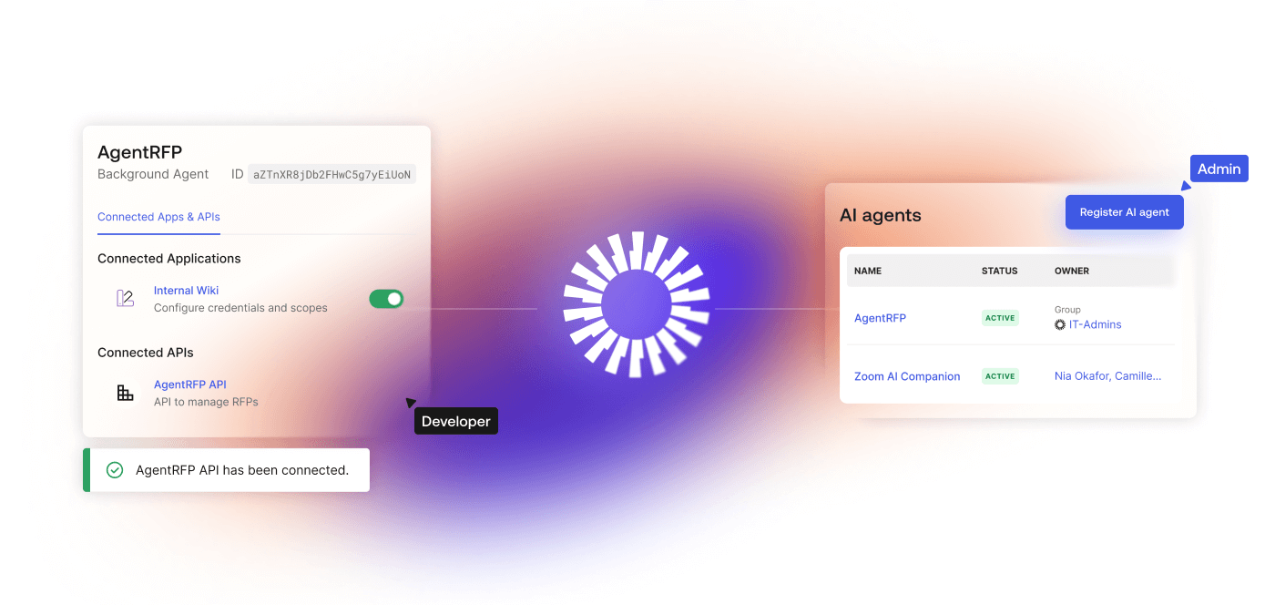 Split graphic connecting a developer’s secret management panel with an IT agent directory list.