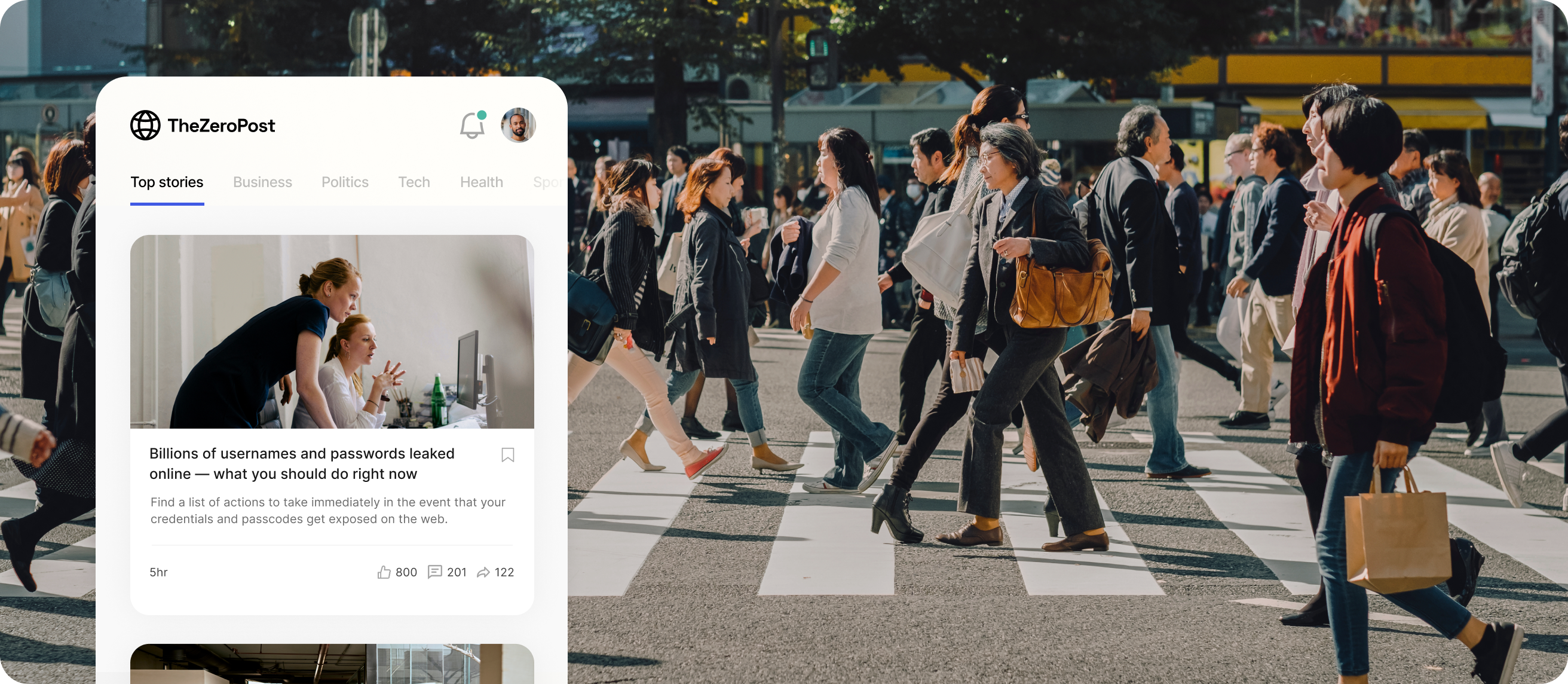 TheZeroPost feed overlaying image of people crossing a crowded crosswalk.