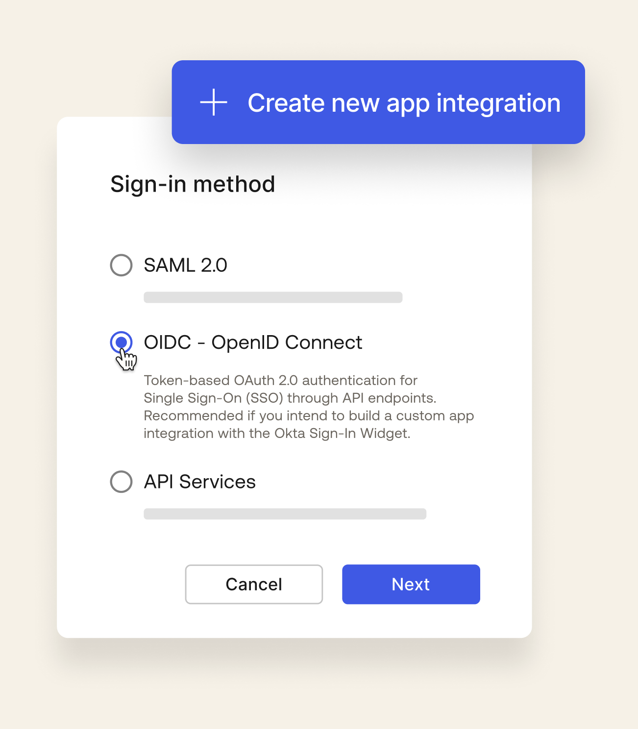 Okta-Admin-Konsole, in der OpenID Connect (OIDC) für eine neue App-Integration ausgewählt ist