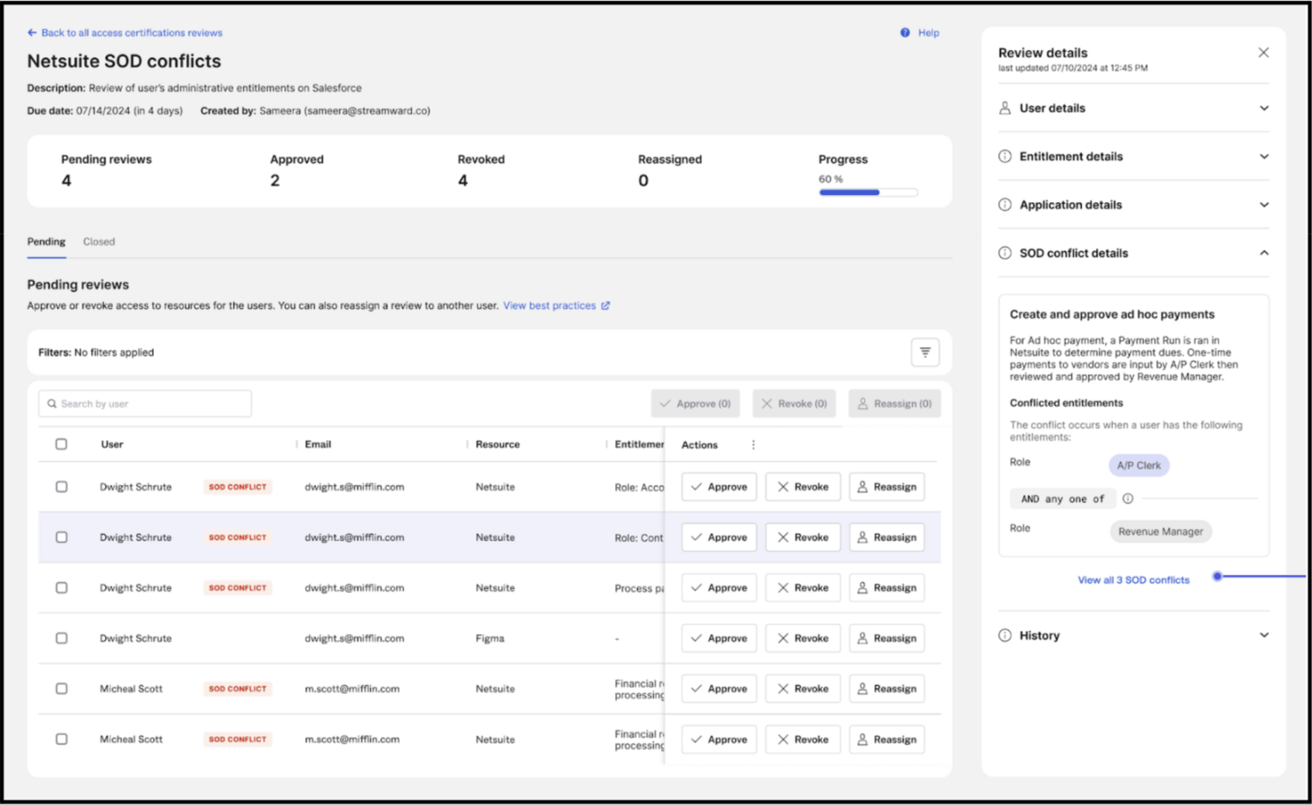 Screenshot zeigt NetSuite SOD-Konflikte