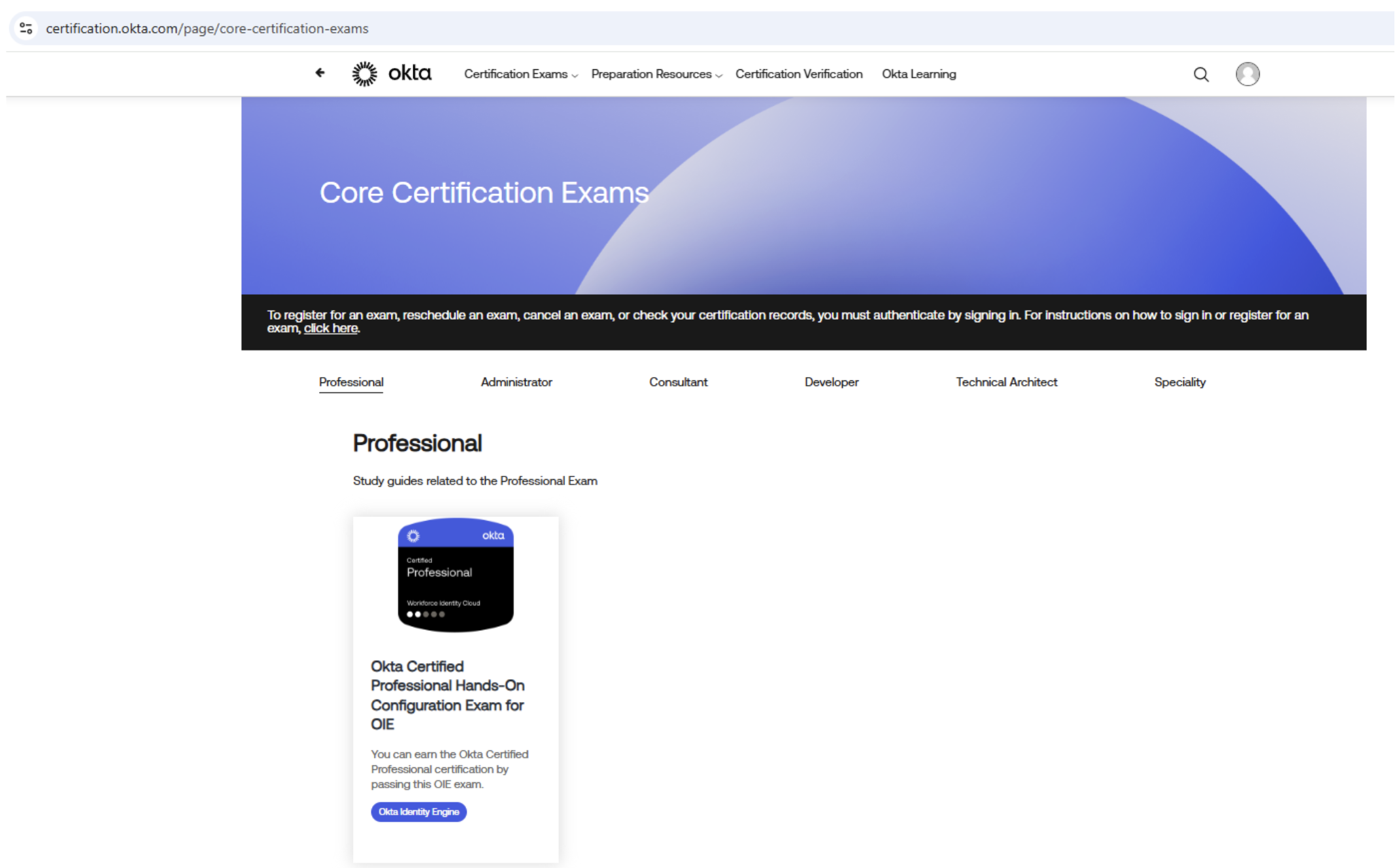 Página de destino dos exames de Certificação Okta