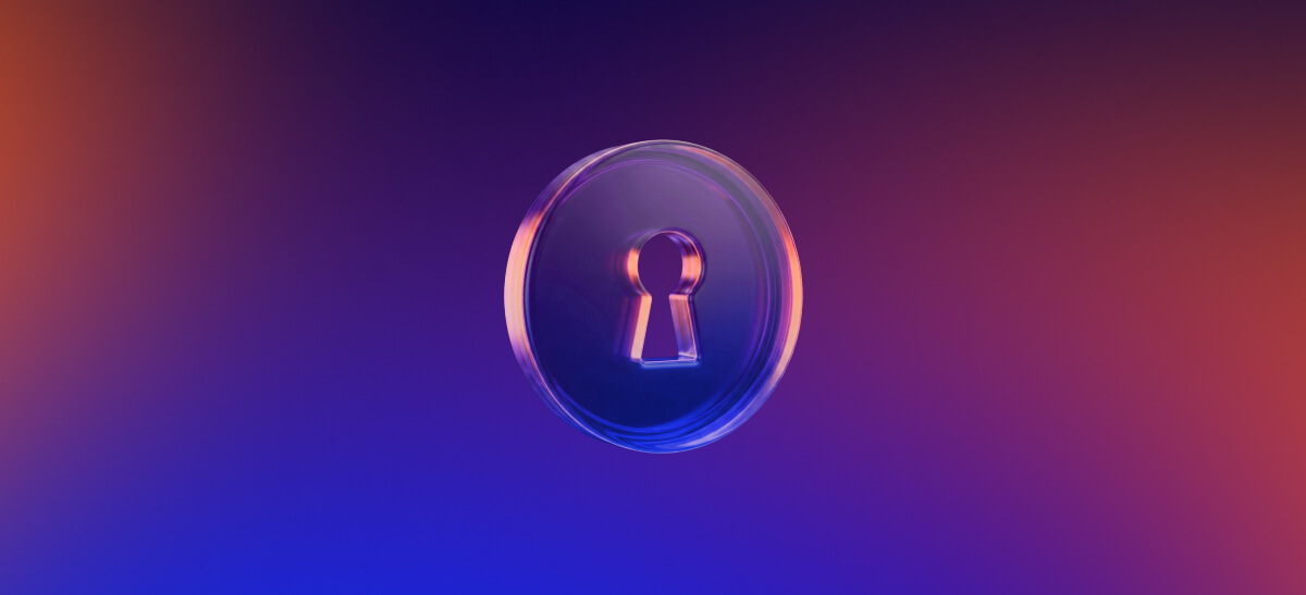 A glass-like, circular icon with a keyhole in the center, set against a dark blue, purple, and orange gradient background.