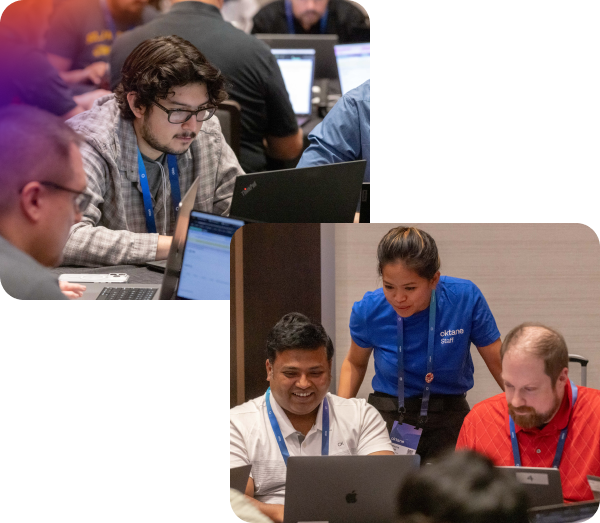 A collage of two photos from a hands-on training session at Oktane. In the top photo, an attendee works on his laptop. In the bottom photo, a female Oktane staff member helps two male attendees with their laptops.