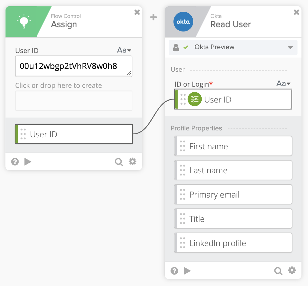 Okta Workflow diagram showing an Assign card setting a User ID and passing it into a Read User action card with profile properties like First Name, Last Name, and LinkedIn Profile.