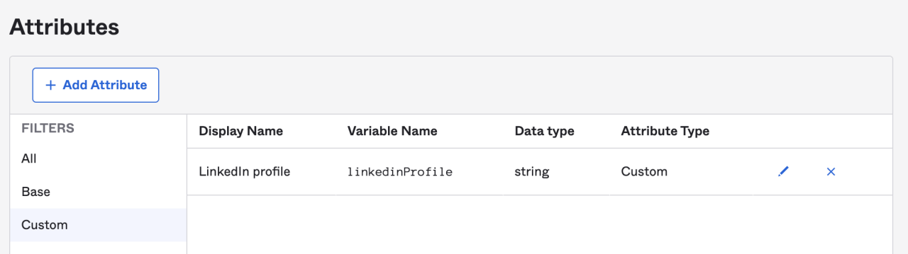 Okta Attributes configuration panel displaying a custom string attribute for "LinkedIn profile".