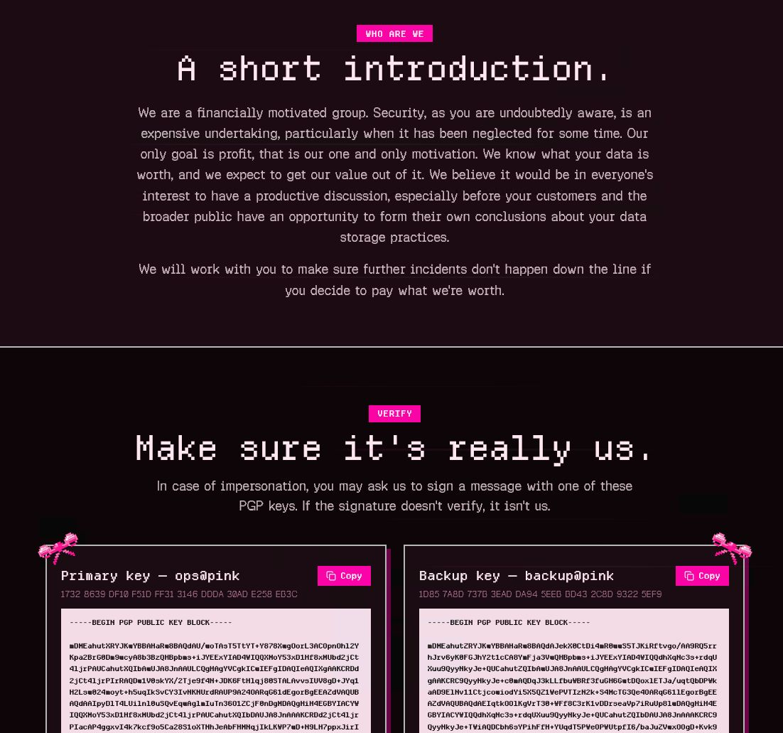 Figure 7. The Pink DLS (data extortion) site