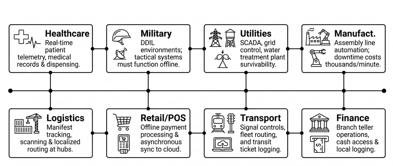 Infographic illustrating multiple industry sectors that rely on offline or resilient systems. 