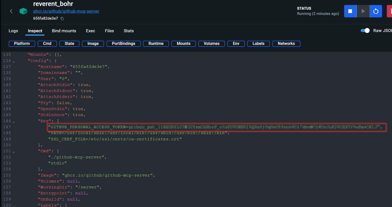A GitHub Personal Access Token exposed in container metadata.
