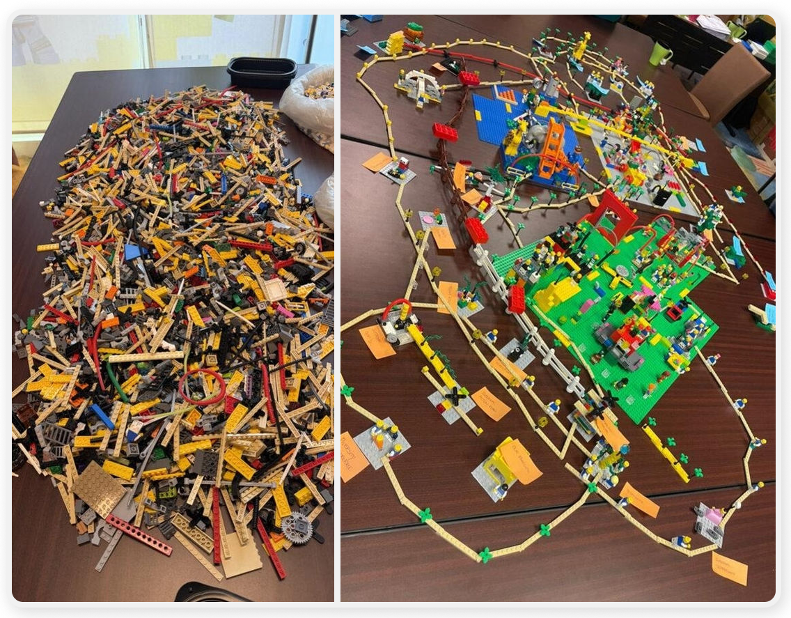 A split image showing a before-and-after of a LEGO project on a dark table. Left: A large, chaotic pile of loose LEGO bricks. Right: The completed build, featuring organized structures, green baseplates, and a winding yellow track system.