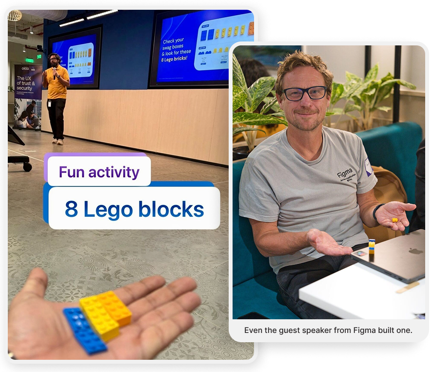 A split image showing a Lego workshop activity. Left: A hand holds a small stack of colorful Lego bricks with an overlay reading "Fun activity: 8 Lego blocks". Right: A guest speaker sits on a couch, smiling and holding a small Lego structure, with text below reading, "Even the guest speaker from Figma built one."