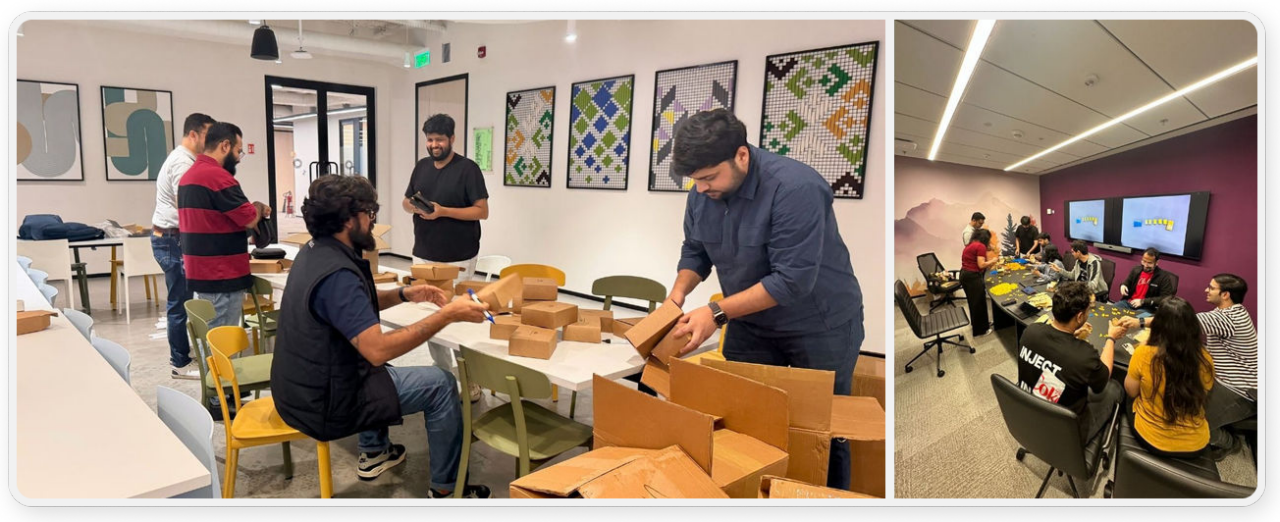 A split image showing an office team collaborating on an activity. On the left, several team members stand and sit around a table in a bright workspace, unpacking cardboard boxes. On the right, another group sits around a conference table assembling Lego bricks.