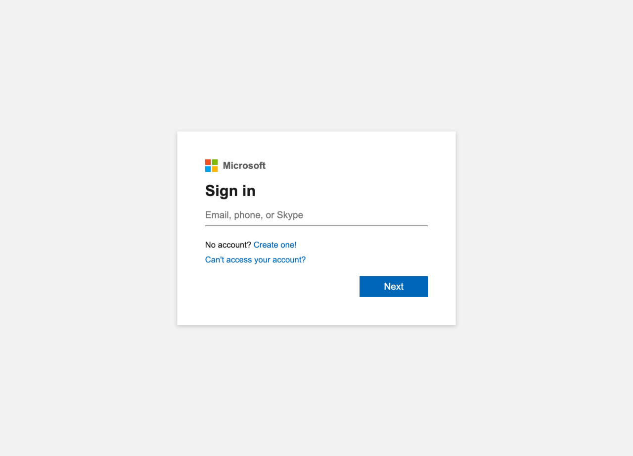 Figure 1. The O-UNC-066 Microsoft sign-in page, regenerated using code extracted from the phishing kit. 