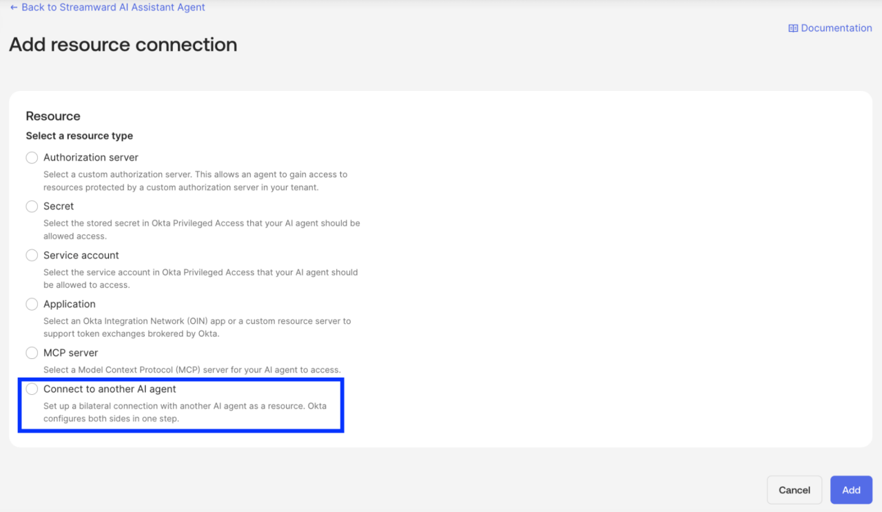A user interface screen titled "Add resource connection", showing a list of resource types to select for an AI agent