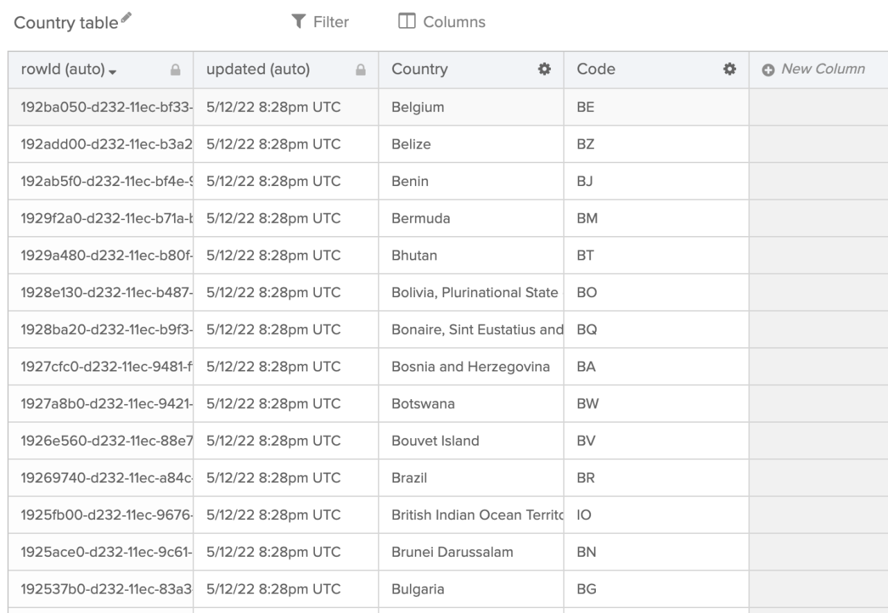Okta Workflows "Country table" interface displaying rows of countries alongside auto-generated row IDs, timestamps, and country codes.