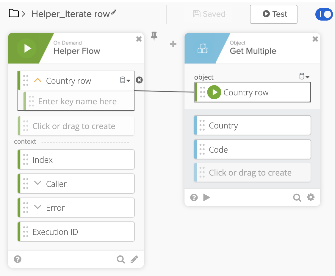 Okta Workflows interface showing the Helper Flow configuration cards for iterating over table rows.