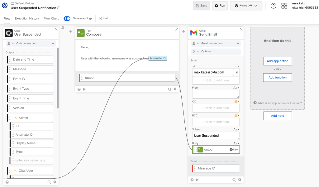 Okta Workflows diagram showing data mappings between User Suspended, Compose, and Send Email cards.