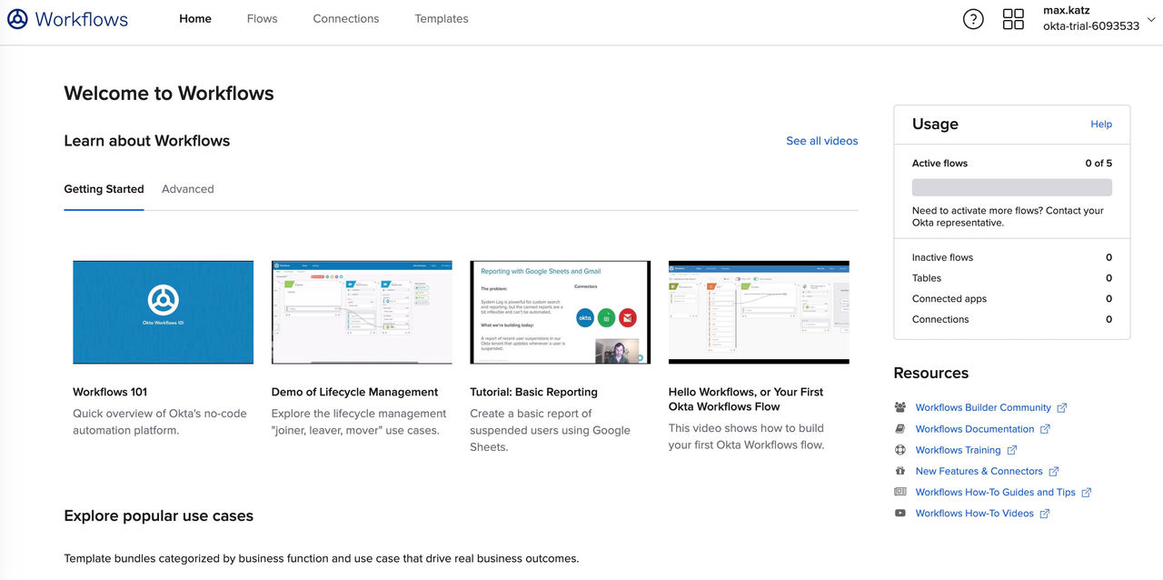 Okta Workflows home dashboard displaying "Welcome to Workflows" with learning video tiles, usage metrics, and resource links.