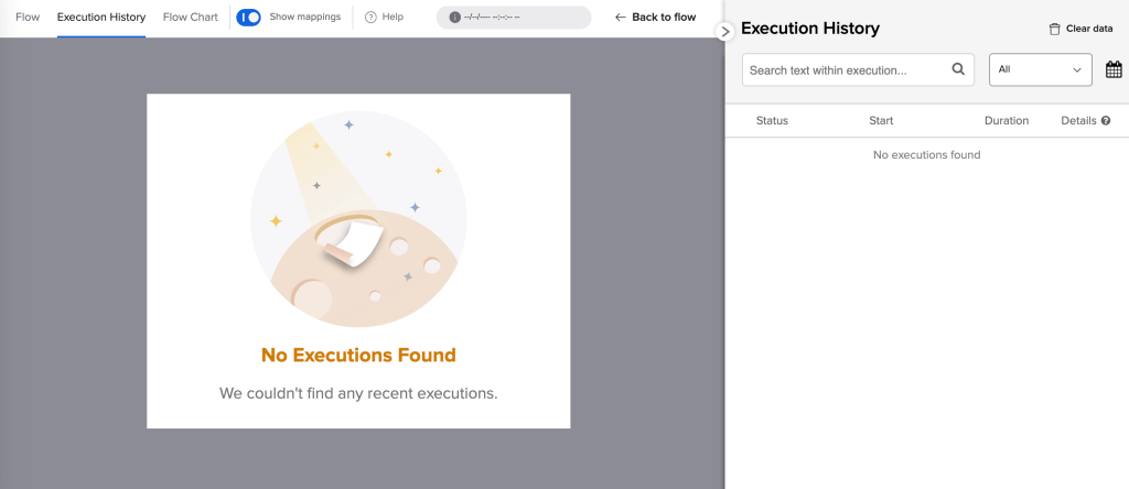 Okta Workflows "Execution History" tab showing a "No Executions Found" message.