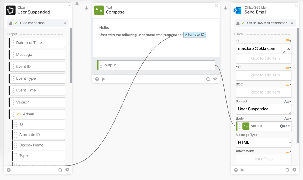 Okta Workflows diagram showing an automated email notification process using Office 365 Mail for suspended users.