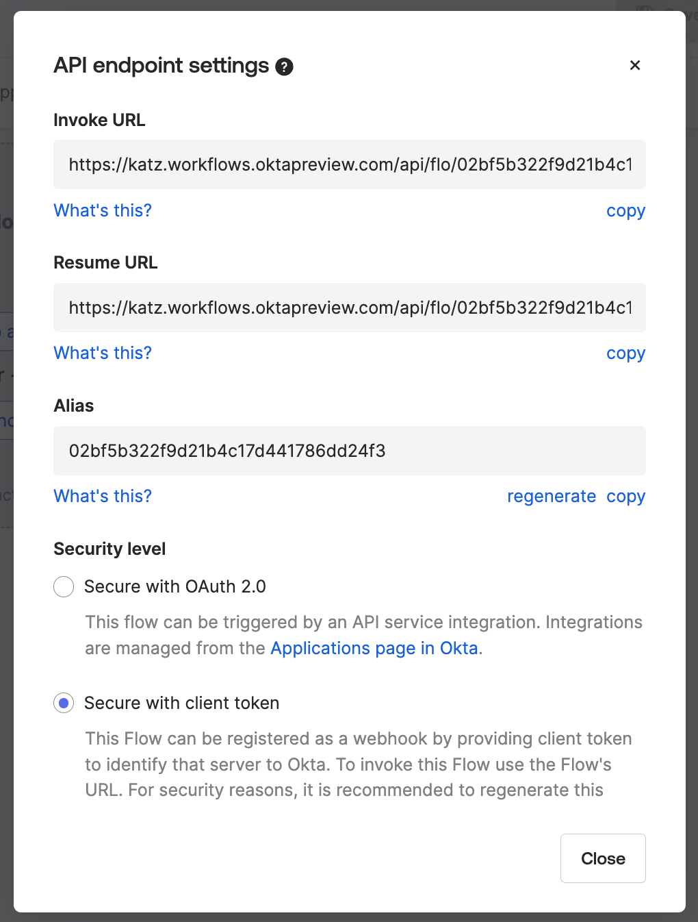 A screenshot of an API endpoint settings interface showing URLs for invoking and resuming API workflows.