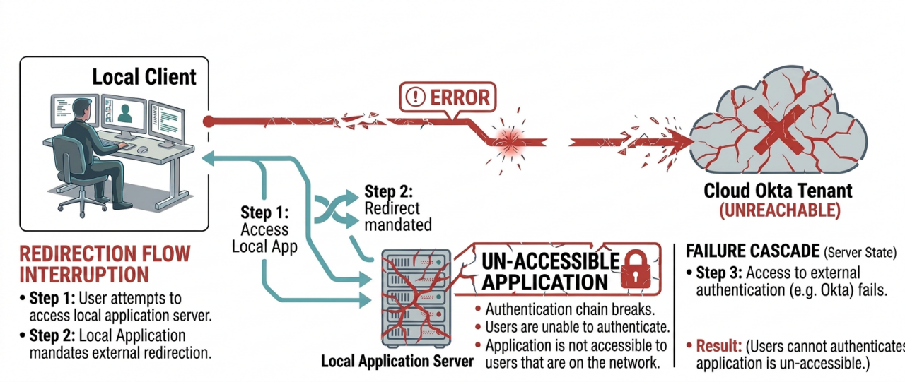 Diagram illustrates a local client user attempting to access a local application server. 