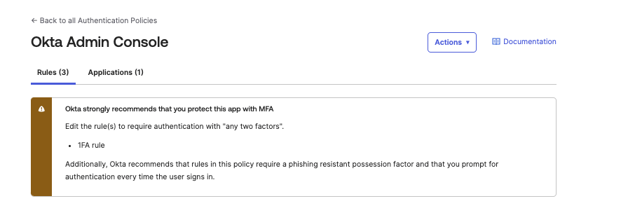 1FA warning in Okta Admin Dashboard