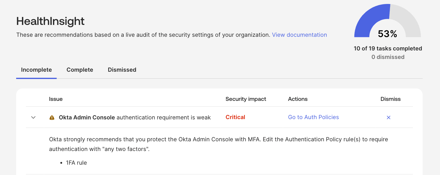 Screenshot showing HealthInsights review with 1FA warning